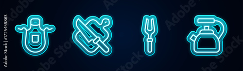 Set line Kitchen apron, Cutting board and knife, Barbecue fork and Kettle with handle. Glowing neon icon. Vector