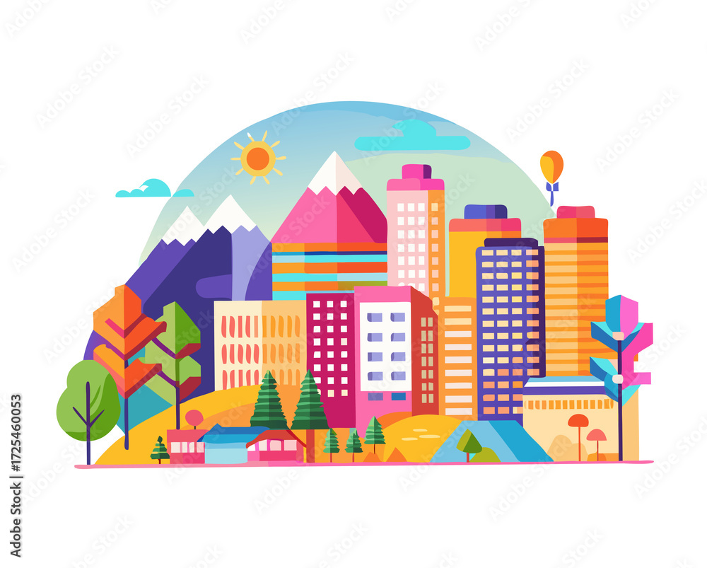 Fototapeta premium Colorful Cityscape Illustration | Abstract Geometric Buildings & Nature