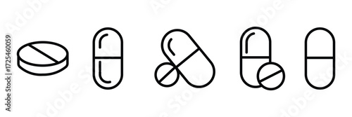 Set of tablet icon set. Pill capsule in line. Vector Illustration.
