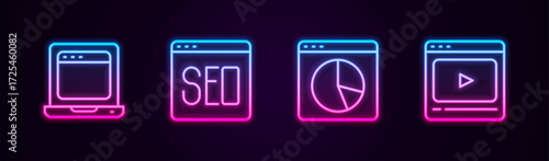 Set line Laptop with browser window, SEO optimization, Graph chart infographic and Online play video. Glowing neon icon. Vector