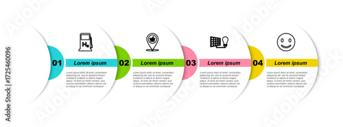 Set line Hydrogen filling station, Location shopping basket, Solar energy panel and light bulb and Smile face. Business infographic template. Vector