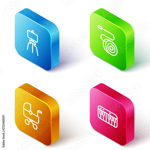 Set Isometric line Wood easel, Yoyo toy, Baby stroller and Music synthesizer icon. Vector
