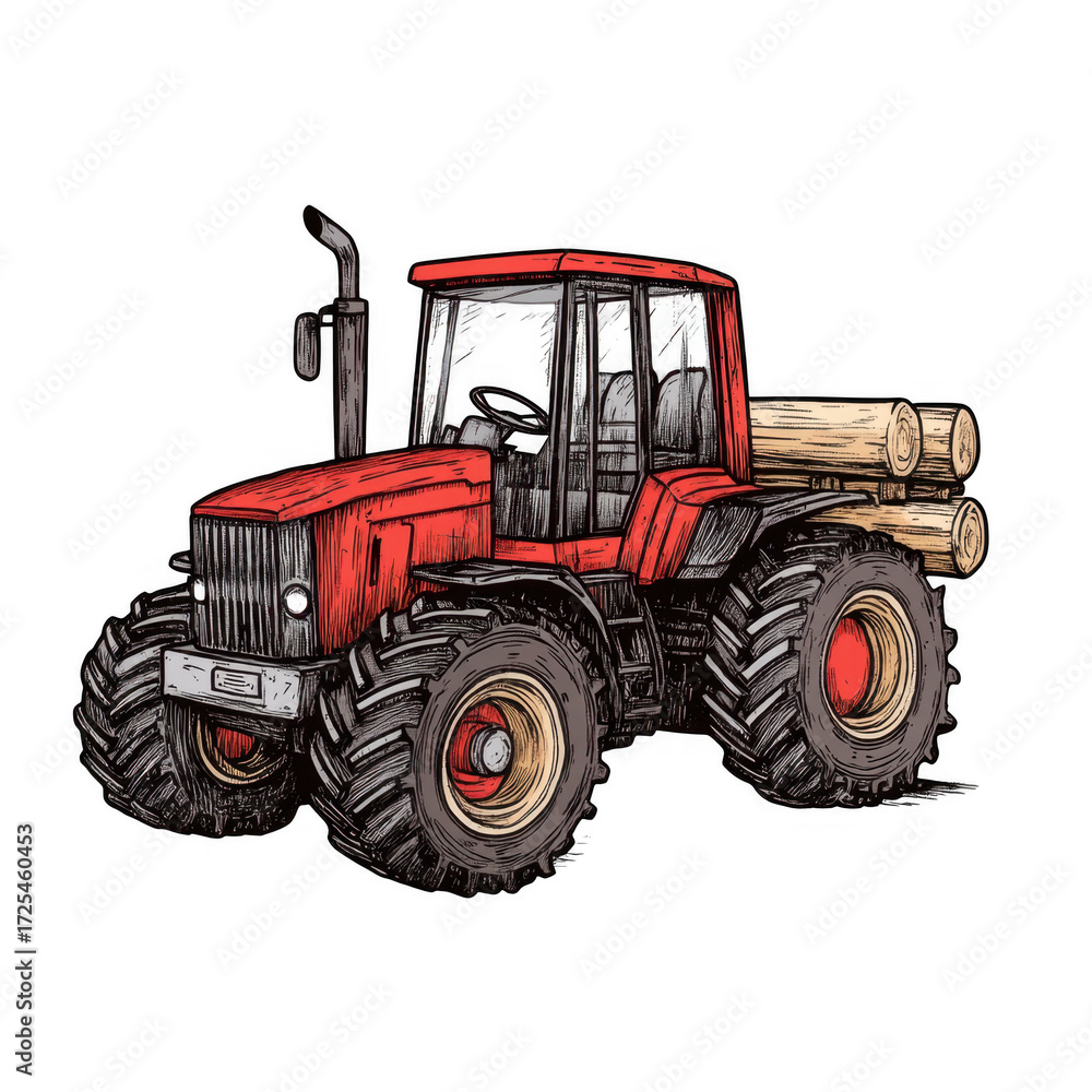 Obraz premium Vintage Engraving of Logging Tractor with Wood Logs in a Detailed Art Style, isolated on transparent background.