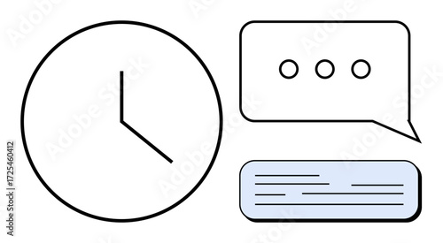 Clock face, speech bubble with dots, and text box represent time management, communication, productivity, scheduling, deadlines, teamwork and planning. Ideal for simple flat metaphor