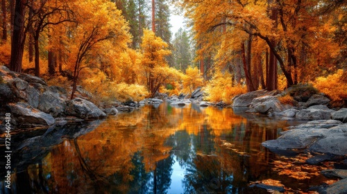 Bright autumn foliage graces the banks of a tranquil river. The golden leaves are mirrored in the water, creating a peaceful scene in the forest during fall