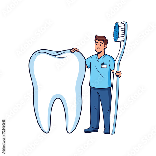 Flat color vector of dentist standing next to oversized tooth, white background