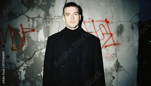 Full body portrait of a man in his 40s wearing 1980s Berlin post-punk fashion, long dark overcoat and angular silhouette, retro underground style illustration