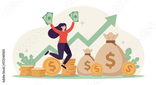 Woman celebrating financial success with money bags and rising graph.