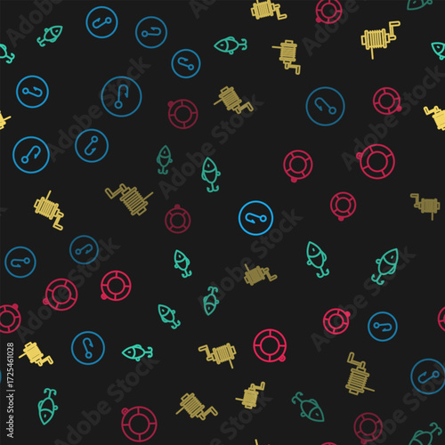 Set line Fishing hook, lure, Spinning reel for fishing and Lifebuoy on seamless pattern. Vector
