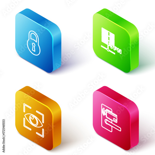 Set Isometric line Lock, Server VPN, Eye scan and Digital door lock with wireless icon. Vector