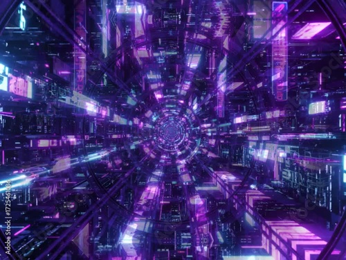 Futuristic neon tunnel loop animation with glowing lights and cyberpunk vibe. Perfect for VJ loops, motion graphics, music visuals, and digital backgrounds.