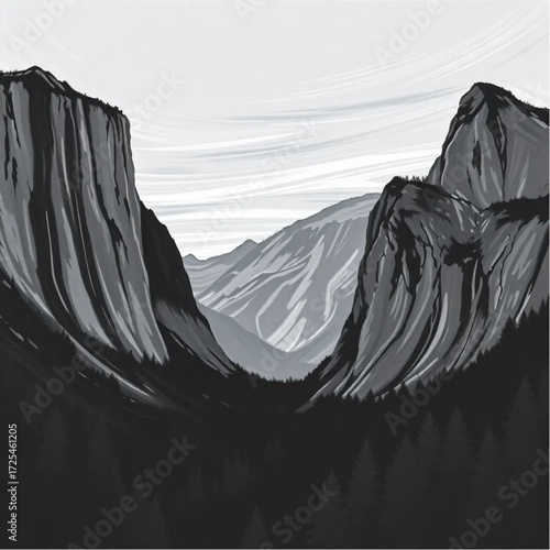 A oil painting depiction of Yosemite Valley during twilight in summer, under windy conditions, capturing unique natural textures and atmospheric mood.