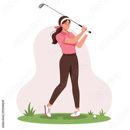 Woman golfer in pink shirt and brown pants swinging club on green grass.