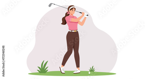 Woman golfer swinging club on a golf course with grass and ball.
