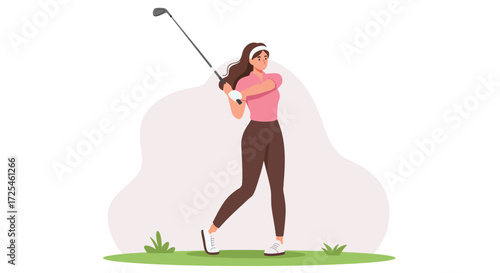 Woman golfer in pink shirt swings club on green grass.