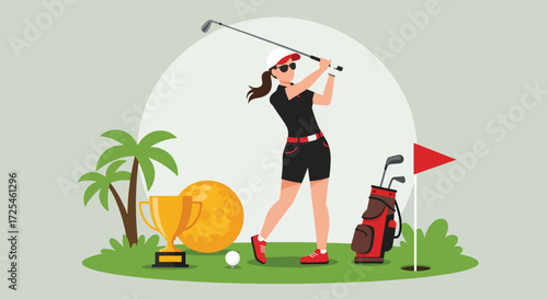 Woman golfer swinging club on a golf course with trophy and flag.