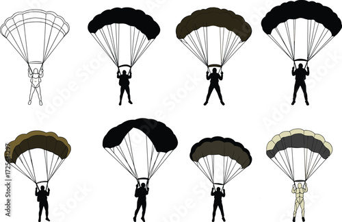 Parachute illustration sequence, skydiver stages, gear evolution, flight pose, airborne icon, vector art, adventure sport, military drop, sketch to color