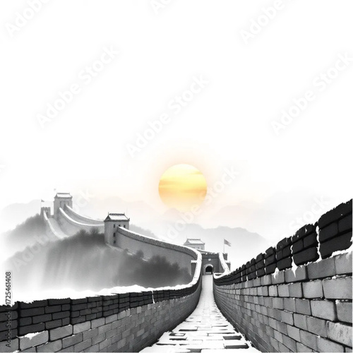 A watercolor painting depiction of Great Wall of China during sunset in winter, under foggy conditions, capturing unique natural textures and atmospheric mood.