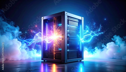 Data server rack with glowing energy with technology background.