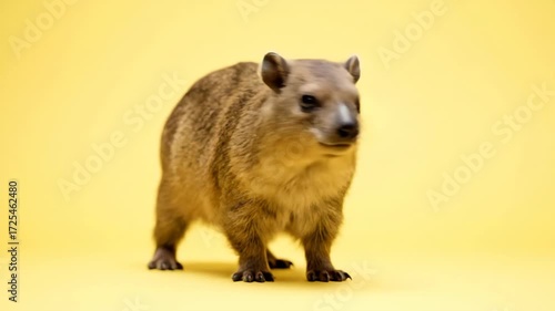 A rock hyrax stands against a yellow backdrop facing the viewer showcasing its furry texture and compact build