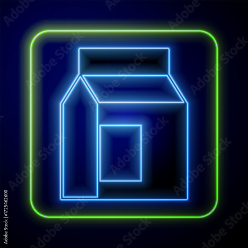 Glowing neon Paper package for milk icon isolated on blue background. Milk packet sign. Vector