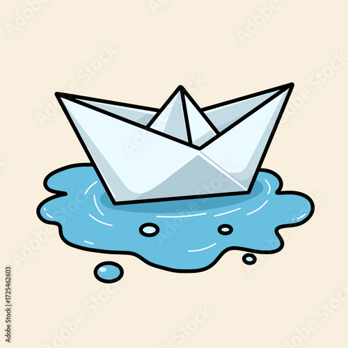 Vector illustration of a folded paper boat sailing on a small puddle of water