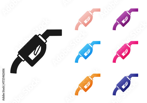 Black Gasoline pump nozzle icon isolated on white background. Fuel pump petrol station. Refuel service sign. Gas station icon. Set icons colorful. Vector