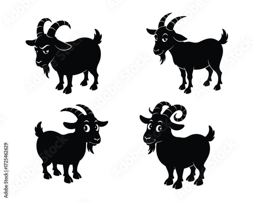 Four black silhouette illustrations of goats with horns and beards standing on a white background