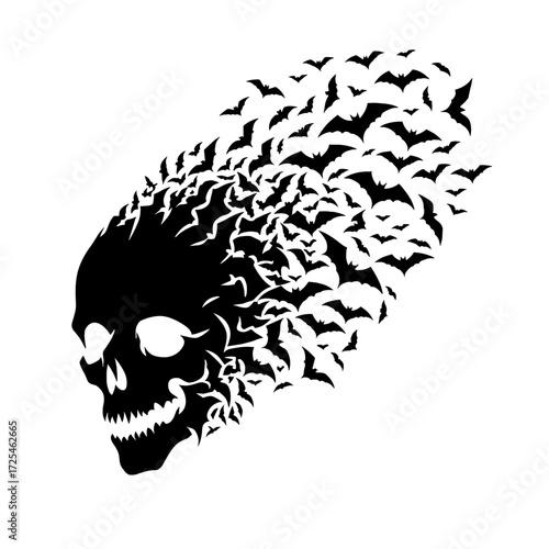Bat swarm forming skull, black silhouette vector on transparent background, skull with crows