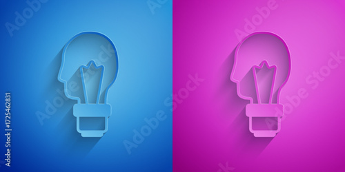 Paper cut Light bulb with concept of idea icon isolated on blue and purple background. Energy and idea symbol. Inspiration concept. Paper art style. Vector