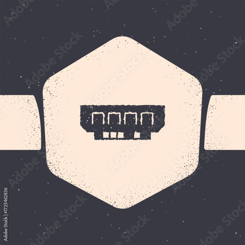 Grunge RAM, random access memory icon isolated on grey background. Monochrome vintage drawing. Vector