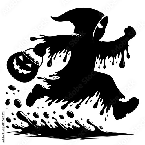 Child in ghost costume, black silhuette vector on transparent background