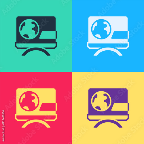 Pop art Breaking news icon isolated on color background. News on television. News anchor broadcasting. Mass media. Evening news. Vector