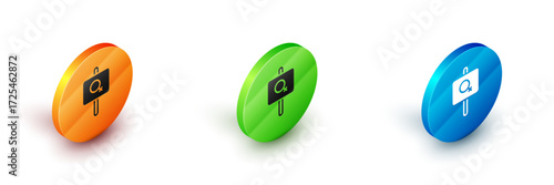Isometric Female movement, feminist activist with banner and placards icon isolated on white background. Feminist rights movement, feminism sisterhood. Circle button. Vector