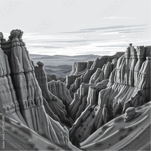 A oil painting depiction of Bryce Canyon during twilight in spring, under windy conditions, capturing unique natural textures and atmospheric mood.