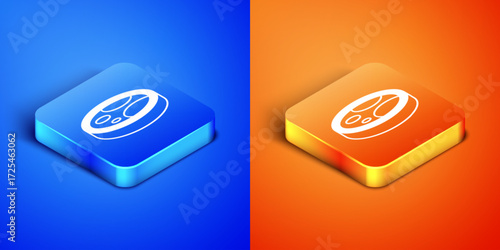 Isometric Petri dish with bacteria icon isolated on blue and orange background. Square button. Vector