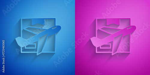 Paper cut Plane and cardboard box icon isolated on blue and purple background. Delivery, transportation. Cargo delivery by air. Airplane with parcels, boxes. Paper art style. Vector