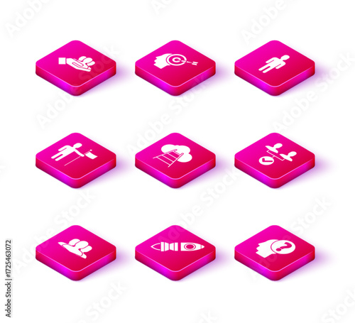 Set Users group, Rocket ship with fire, Man holding flag, Ladder leading to cloud, Human head question mark, Project team base, of business suit and Head hunting concept icon. Vector