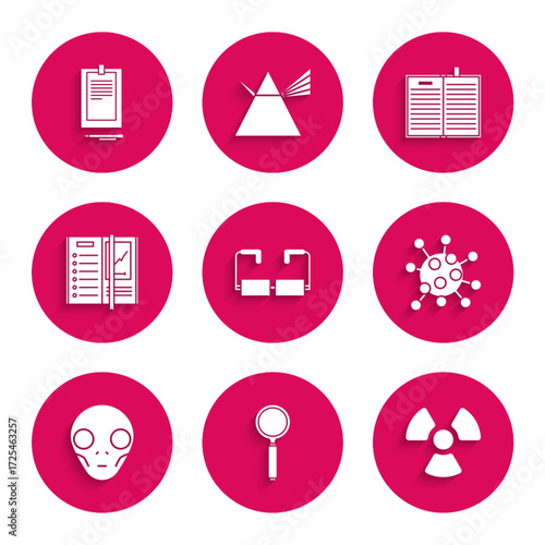 Set Glasses, Magnifying glass, Radioactive, Bacteria, Extraterrestrial alien face, Notebook, Open science and Clipboard with document icon. Vector