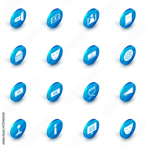 Set Play Video, Carpet with barriers and star, Scenario, Popcorn in cardboard box, Laptop screen 4k video technology, Comedy theatrical mask, Film reel and Online play icon. Vector