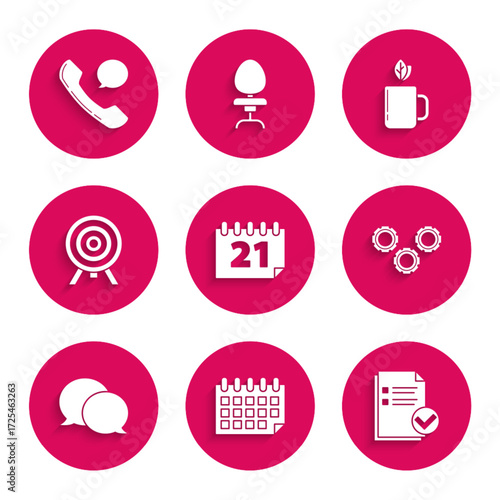 Set Calendar, Document and check mark, Gear, Speech bubble chat, Target, Cup of tea leaf and Telephone handset speech icon. Vector