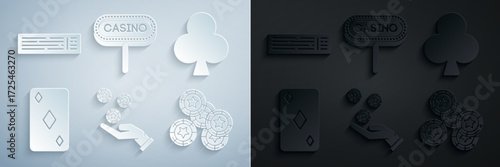 Set Hand holding casino chips, Playing card with clubs symbol, diamonds, Casino, signboard and Deck of playing cards icon. Vector
