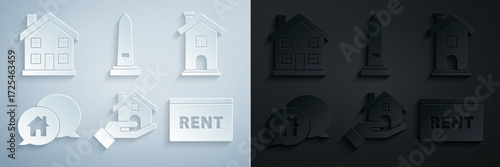 Set Realtor, Home symbol, House building in speech bubble, Hanging sign with text Online Rent, Washington monument and icon. Vector