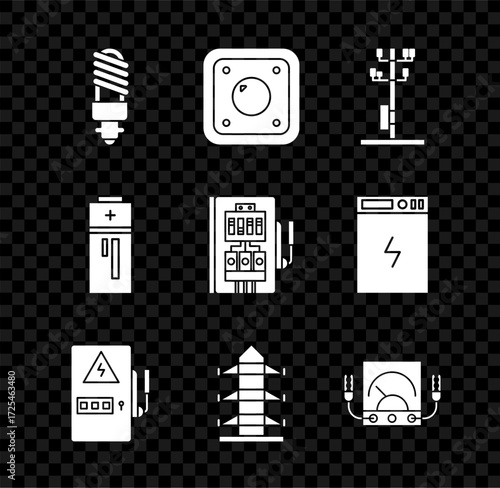 Set LED light bulb, Electric switch, High voltage power pole line, Electrical panel, Ampere meter, multimeter, voltmeter, Battery and icon. Vector