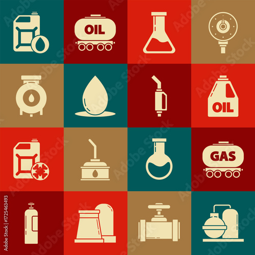 Set Oil and gas industrial factory building, Gas railway cistern, Canister for motor machine oil, Test tube flask, drop, and Gasoline pump nozzle icon. Vector