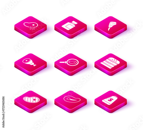 Set Steak meat, Chicken leg, in frying pan, Salt, Burger, Rib eye steak and Sauce bottle icon. Vector