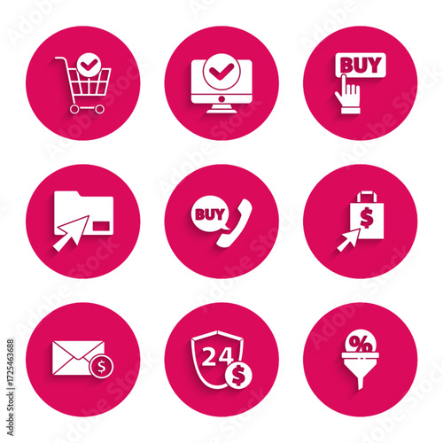 Set Phone and speech bubble with Buy, Shield dollar, Lead management, Shoping bag, Envelope coin, Cursor click document folder, button and Shopping cart check mark icon. Vector