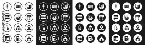 Set Open book, Online education, Speech bubble chat, Microphone, quiz, test, survey, Location and Computer mouse icon. Vector