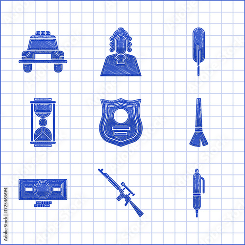 Set Police badge, Sniper rifle with scope, Pen, Paint brush, Stacks paper money cash, Old hourglass sand, Feather pen and car flasher icon. Vector