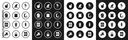 Set Bottle with love potion, Magician hat, ball, mortar and pestle, Moon stars, Witch, stone and Ancient magic book icon. Vector